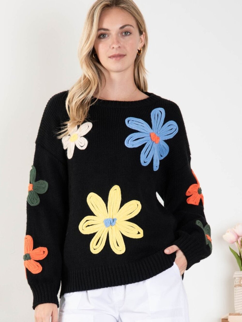 Bluevelvet Knit Flowered Long Sleeve Sweater